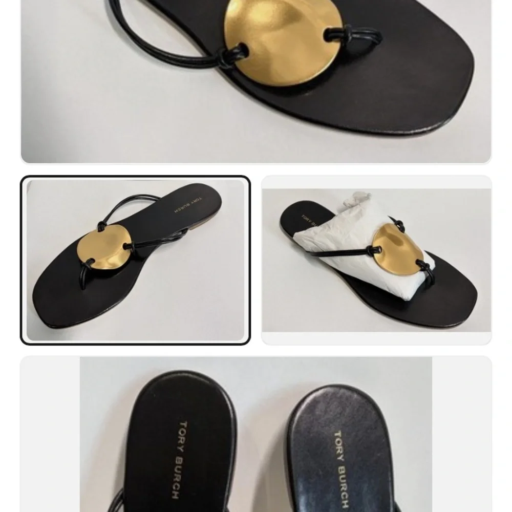 Tory Burch Patos  Black goat Leather Thong Sandals with Gold Disc 10Guc - Picture 2 of 10